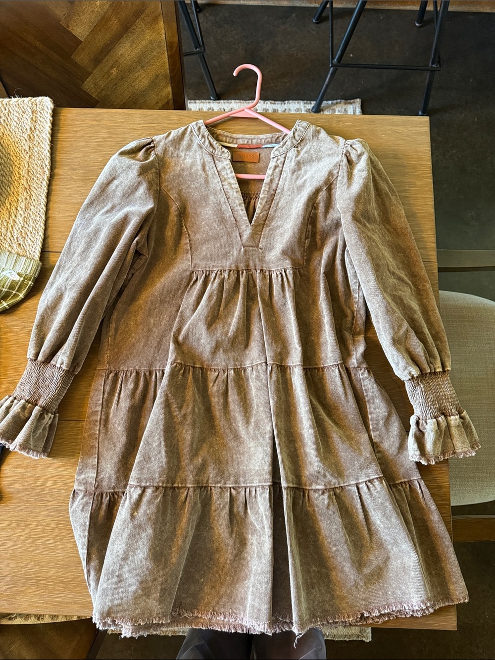 Umgee Taupe Tiered Long-Sleeve corduroy V-Neck Dress